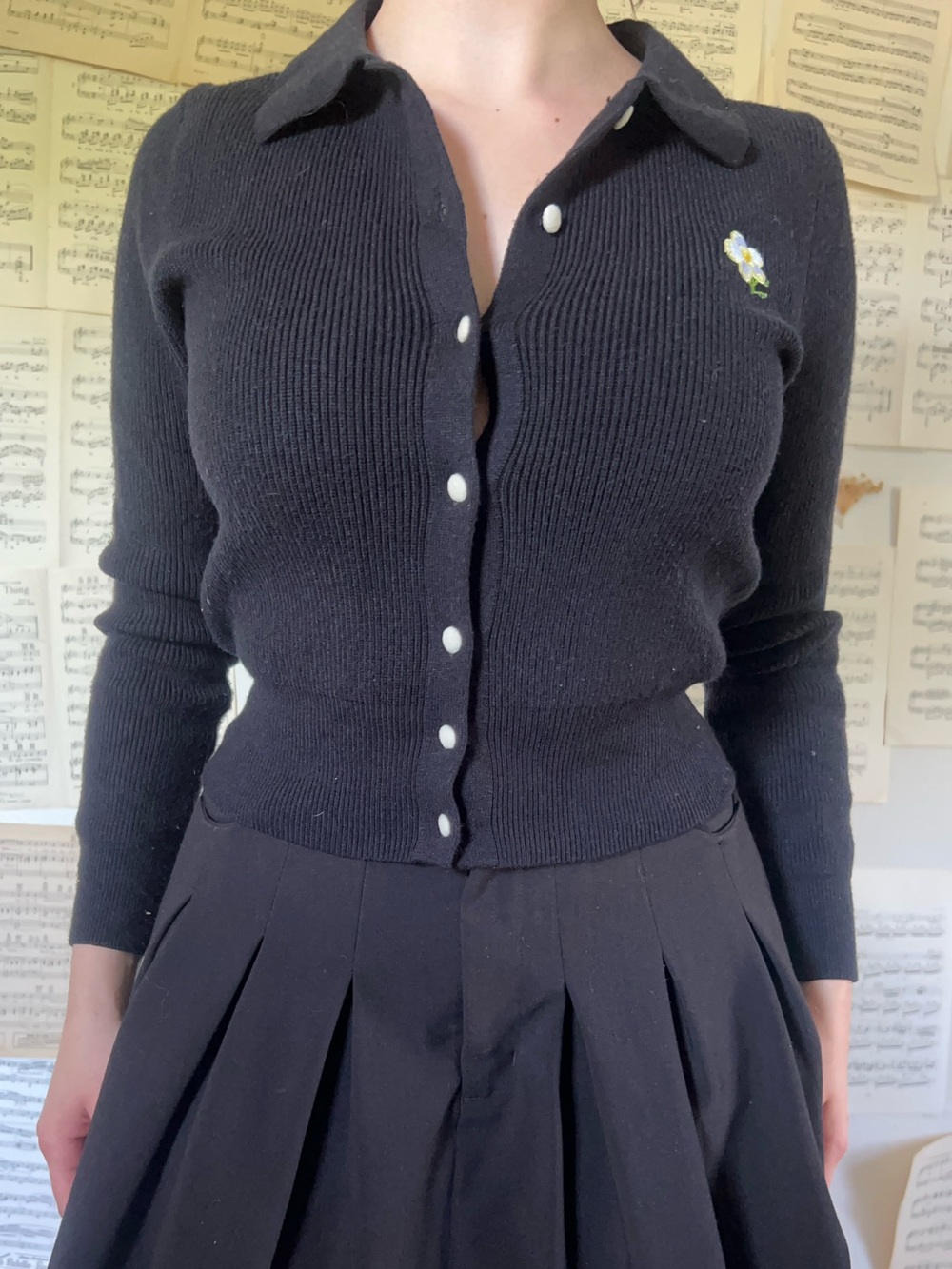 Classic Black Ribbed Button-Front Sweater with Floral Embroidery